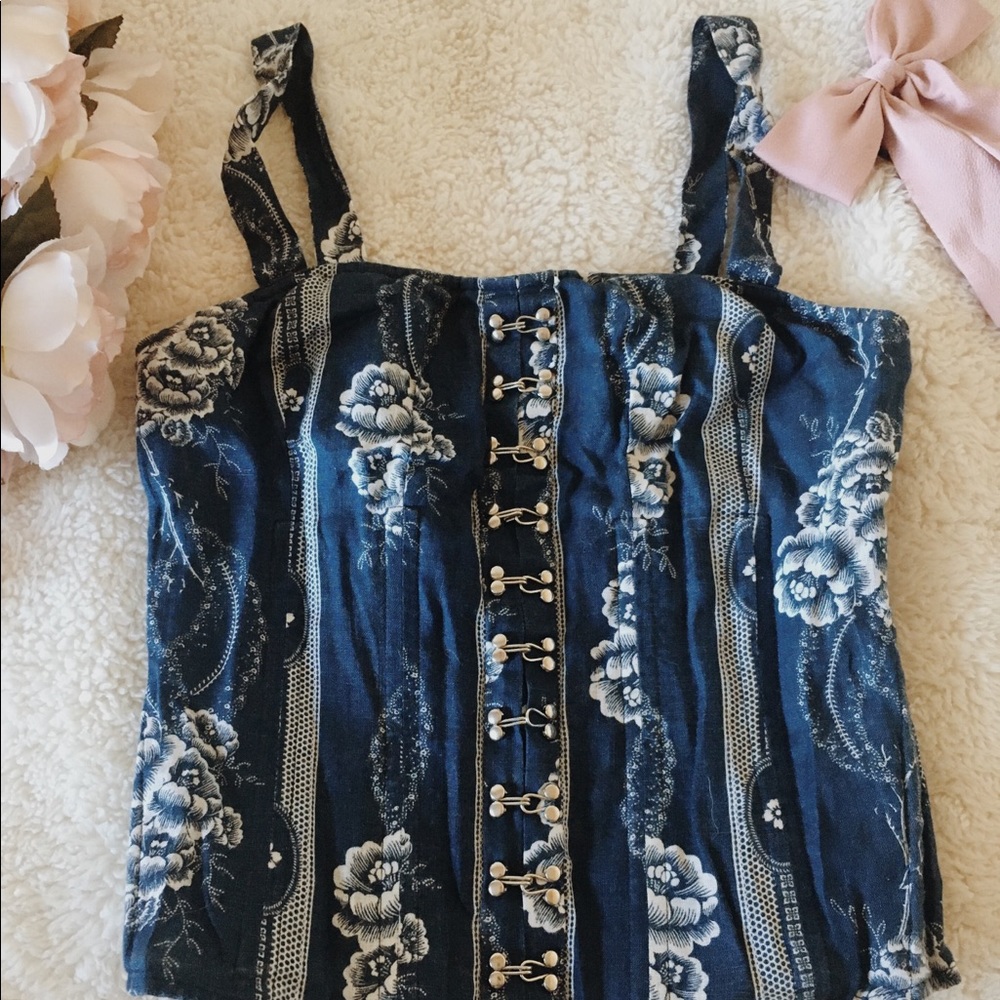 Guess by Marciano Blue Floral Linen Corset Top